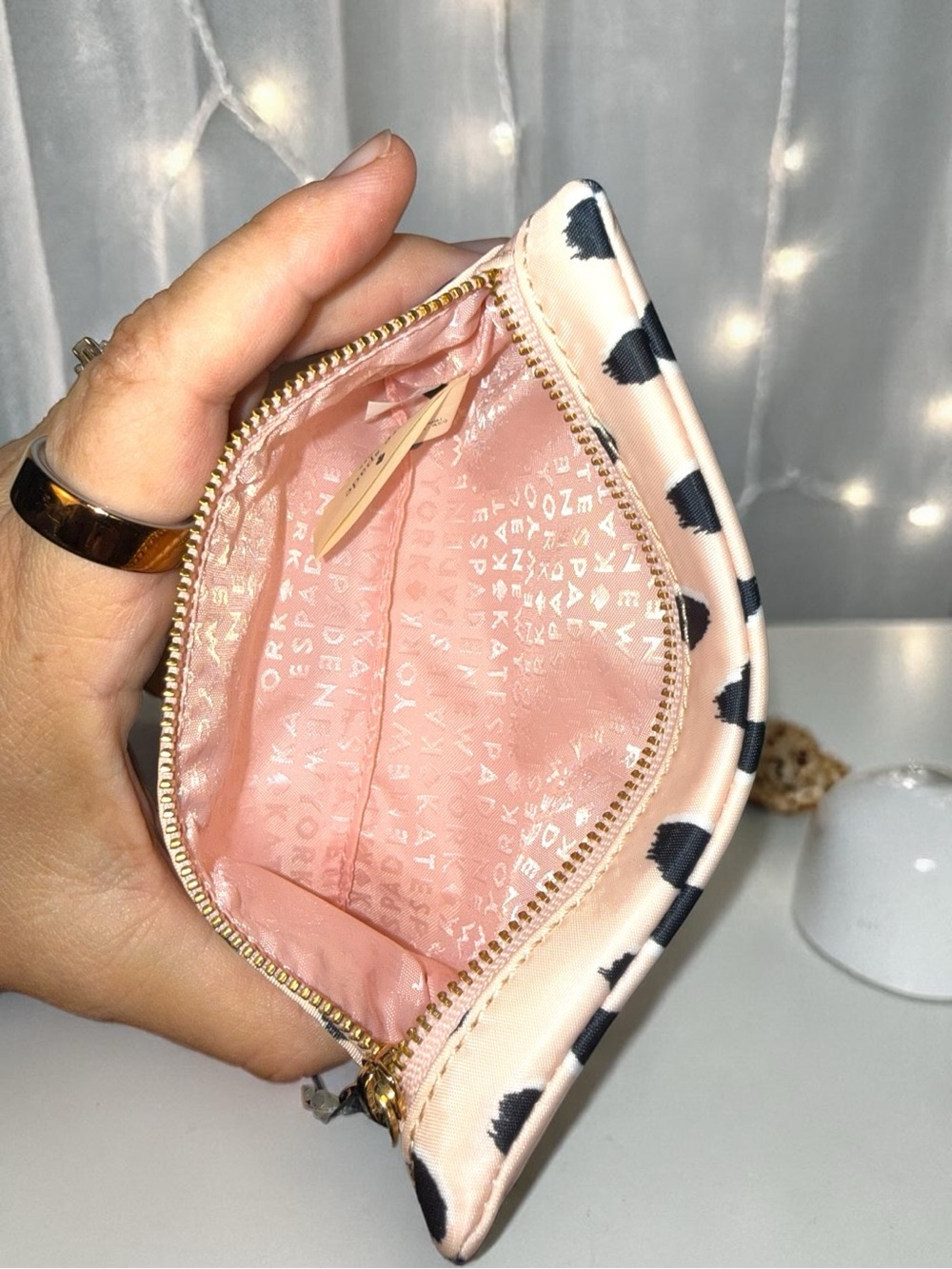 Kate Spade ♠️ Polka Dot Nylon Cosmetic Pouch Wristlet Pink Black Zip Clutch ✨NWT - Picture 10 of 10